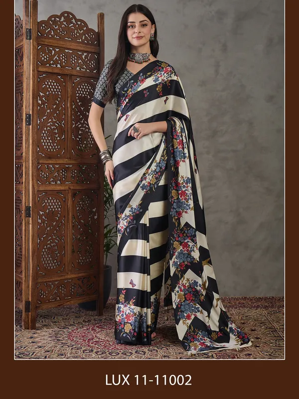 Lovely_Black_Floral__Ajrakh_Printed_Semi_Modal_Silk_Saree_With_Ephemeral_Blouse_Piece