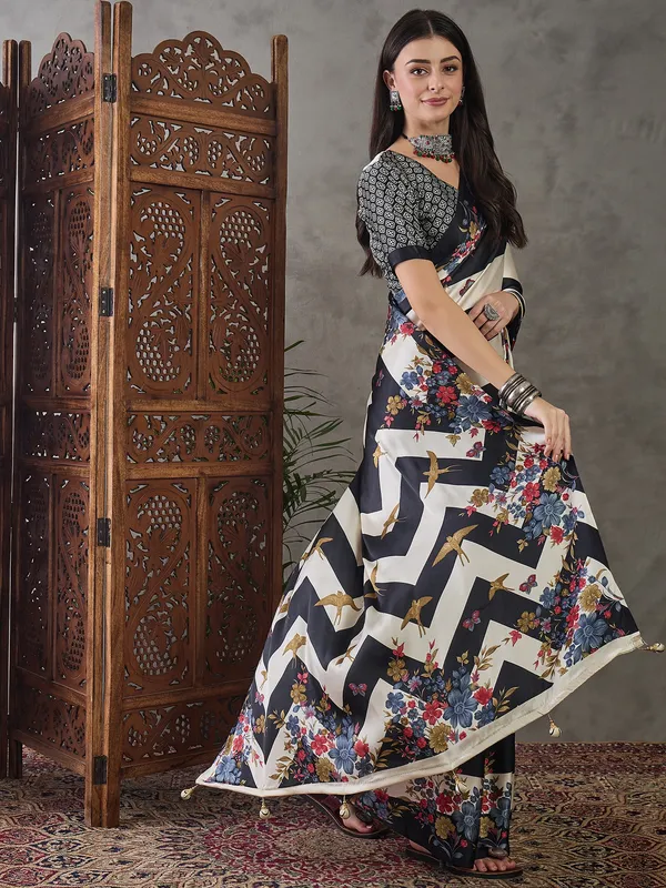 Lovely_Black_Floral__Ajrakh_Printed_Semi_Modal_Silk_Saree_With_Ephemeral_Blouse_Piece
