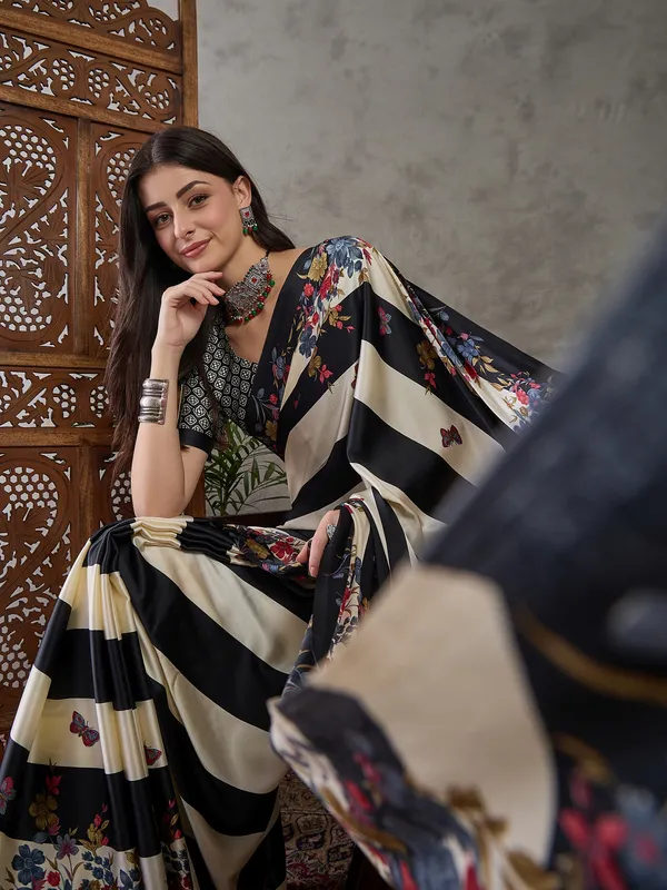 Lovely_Black_Floral__Ajrakh_Printed_Semi_Modal_Silk_Saree_With_Ephemeral_Blouse_Piece