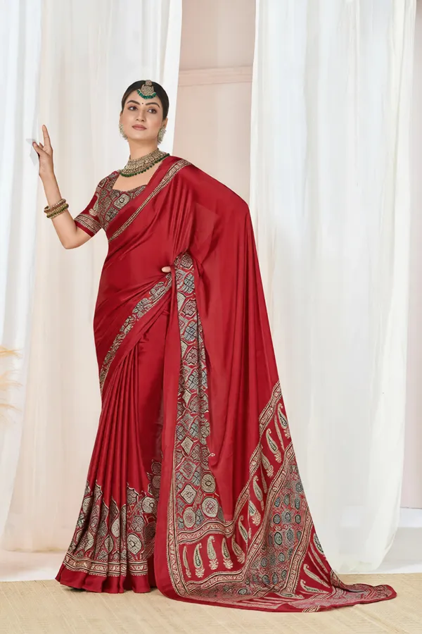 Maroon_Ajrakh_Printed_Modal_Silk_Plain_Saree_With_Ajrakh_Blouse