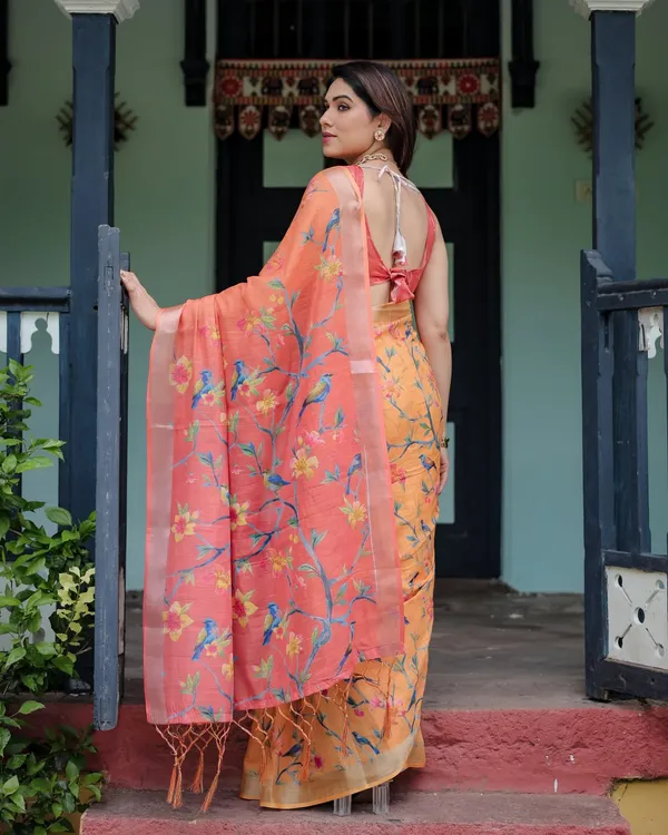 Peach_And_Orange_Pure_Cotton_Linen_Saree_With_Floral_And_Bird_Print_And_Blouse_And_Tassel_Detailing_For_Women