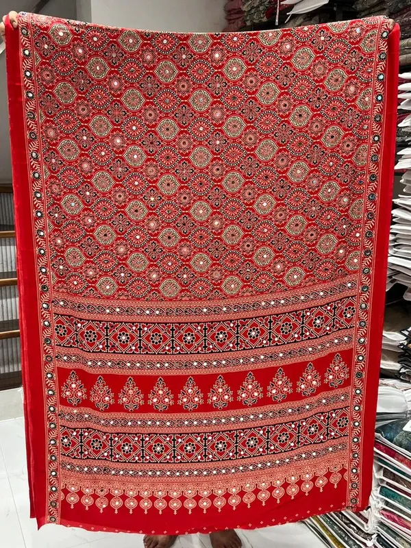 Propinquity_Redis_Red_Ajrakh_Real_Mirror_Modal_Silk_Saree_With_Blouse