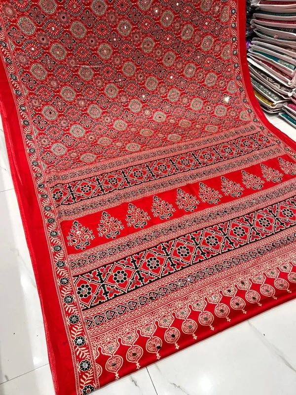 Propinquity_Redis_Red_Ajrakh_Real_Mirror_Modal_Silk_Saree_With_Blouse