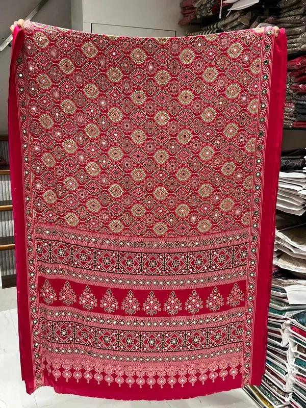Pulsating_Rani_Ajrakh_Real_Mirror_Modal_Silk_Saree_With_Blouse_