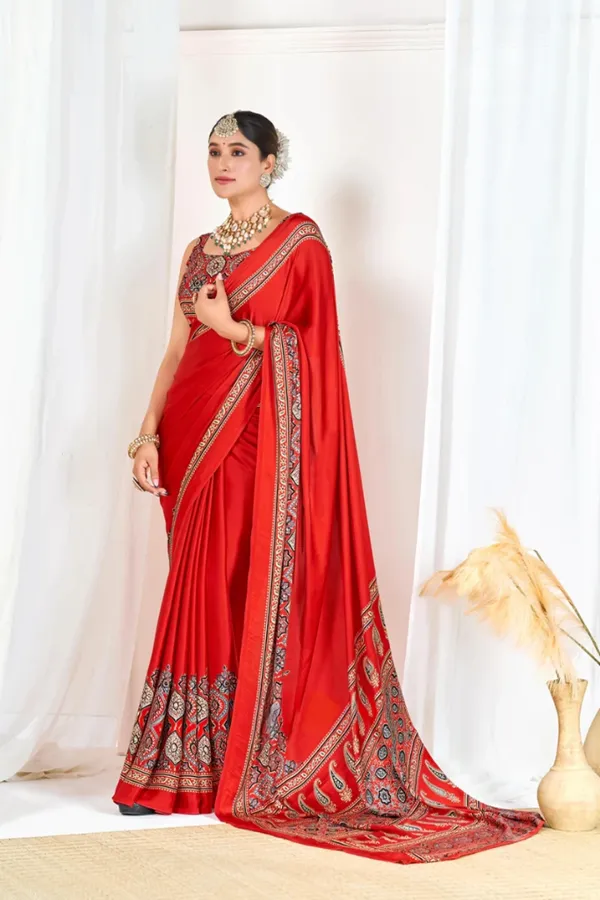 Red_Ajrakh_Printed_Modal_Silk_Plain_Saree_With_Ajrakh_Blouse