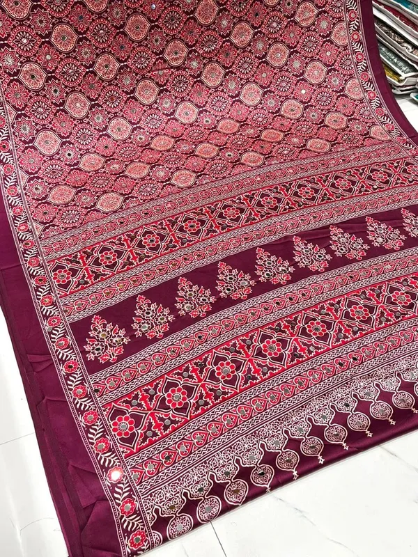 Sizzling_Wine_Ajrakh_Real_Mirror_Modal_Silk_Saree_With_Blouse_