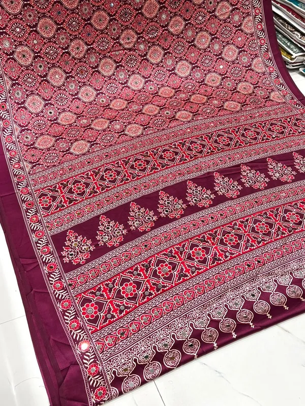 Sizzling_Wine_Ajrakh_Real_Mirror_Modal_Silk_Saree_With_Blouse_