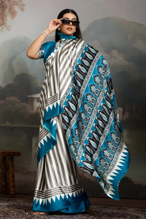 White_And_Blue_Ajrakh_Printed_Satin_Crepe_Silk_Saree_For_Women