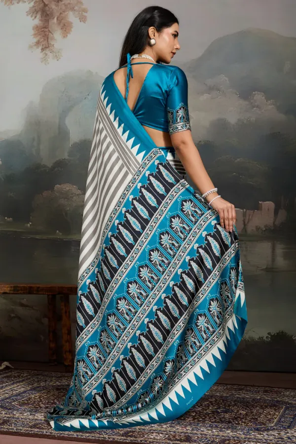 White_And_Blue_Ajrakh_Printed_Satin_Crepe_Silk_Saree_For_Women