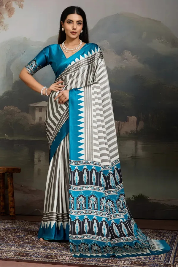 White_And_Blue_Ajrakh_Printed_Satin_Crepe_Silk_Saree_For_Women