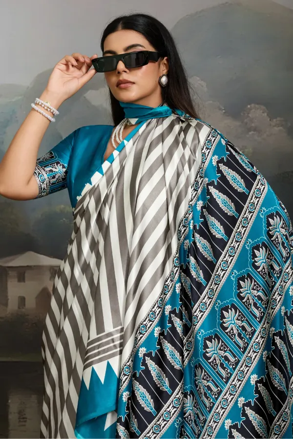 White_And_Blue_Ajrakh_Printed_Satin_Crepe_Silk_Saree_For_Women
