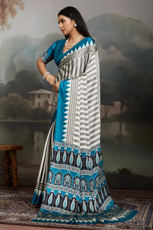 White_And_Blue_Ajrakh_Printed_Satin_Crepe_Silk_Saree_For_Women
