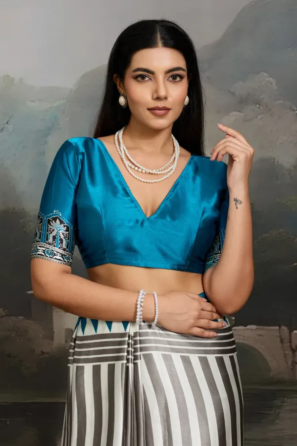 White_And_Blue_Ajrakh_Printed_Satin_Crepe_Silk_Saree_For_Women
