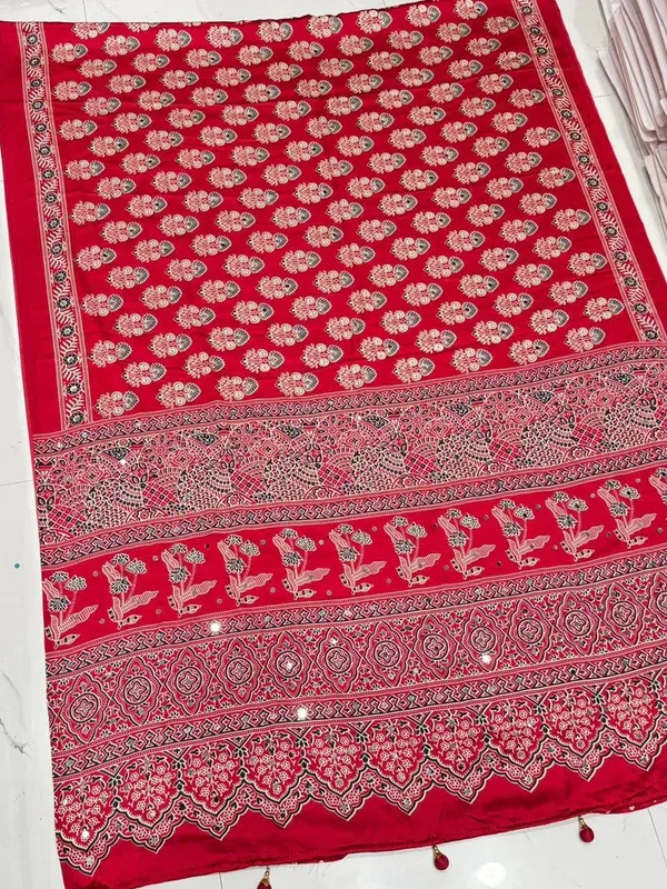 Stunner_Redis_Maroon_Ajrakh_Real_Mirror_Modal_Silk_Saree_With_Blouse_
