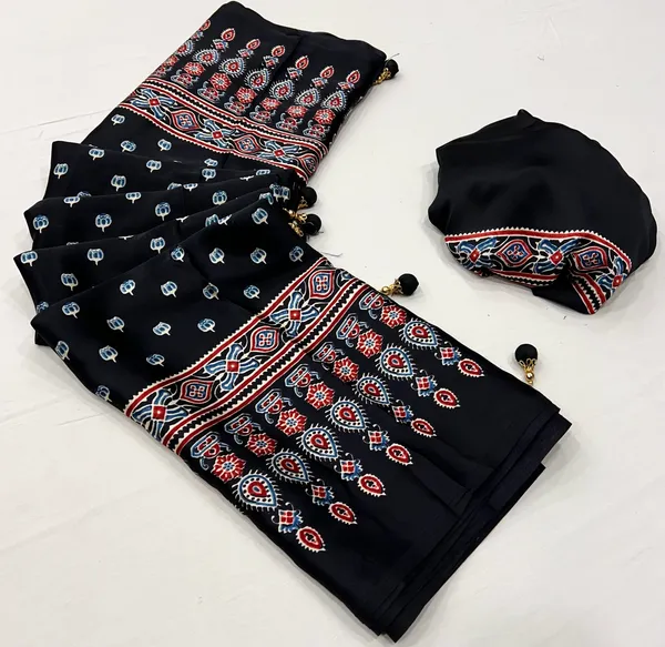 Tuna_Black_Ajrakh_Printed_Satin_Gaji_Silk_Saree_For_Women