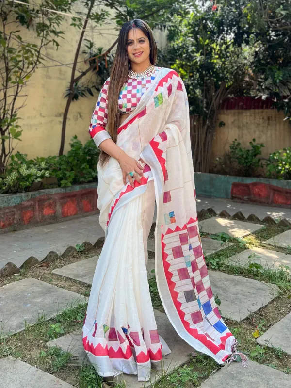 White_Pure_Cotton_Linen_Saree_With_Multicolor_Checkered_Design_And_Blouse_And_Tassel_Detailing_For_Women
