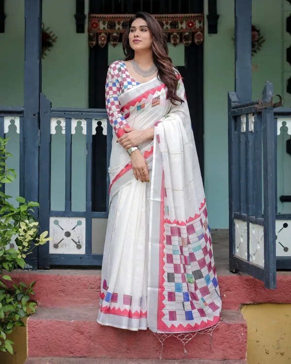 White_Pure_Cotton_Linen_Saree_With_Multicolor_Checkered_Design_And_Blouse_And_Tassel_Detailing_For_Women