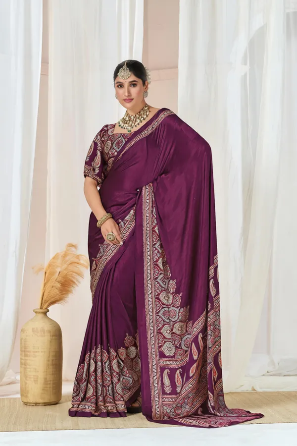 Wine_Ajrakh_Printed_Modal_Silk_Plain_Saree_With_Ajrakh_Blouse