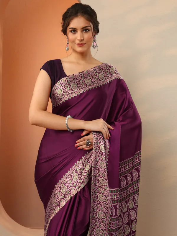 Wine_Solid_Satin_Saree_With_Unstitched_Blouse_Piece