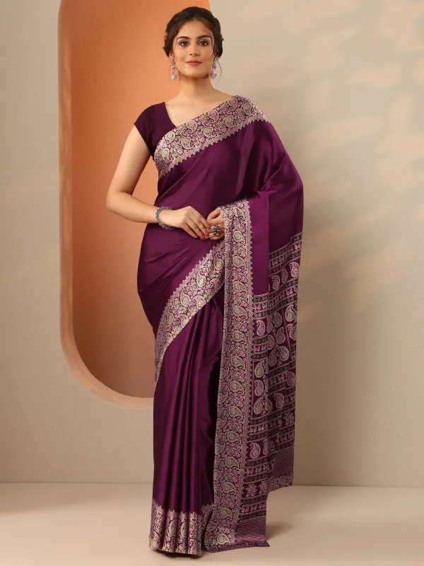 Wine_Solid_Satin_Saree_With_Unstitched_Blouse_Piece