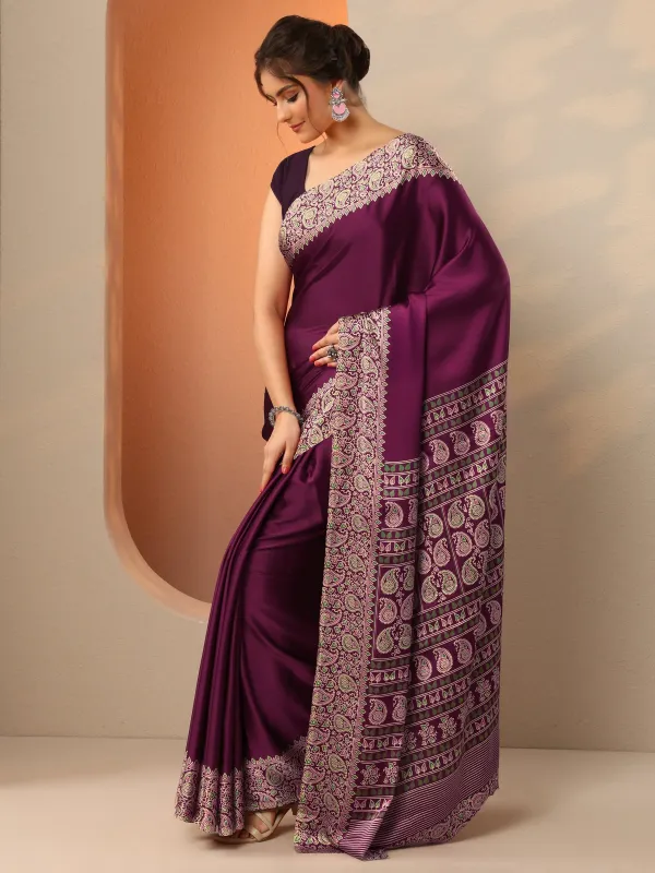 Wine_Solid_Satin_Saree_With_Unstitched_Blouse_Piece