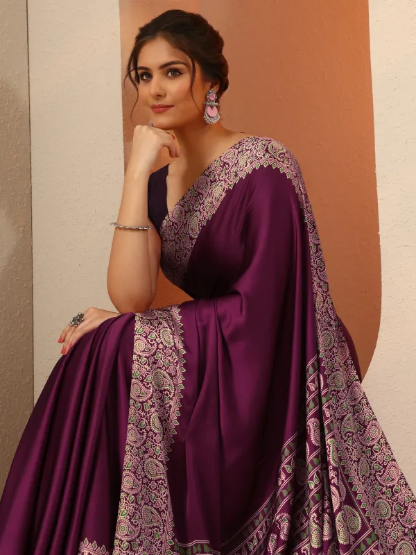 Wine_Solid_Satin_Saree_With_Unstitched_Blouse_Piece