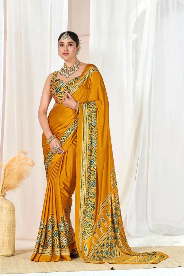 Yellow_Ajrakh_Printed_Modal_Silk_Plain_Saree_With_Ajrakh_Blouse