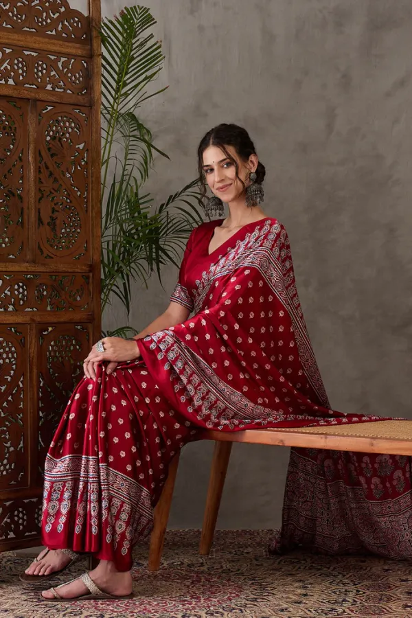 Dark_Rose_Ajrakh_Printed_Satin_Gaji_Silk_Saree_For_Women