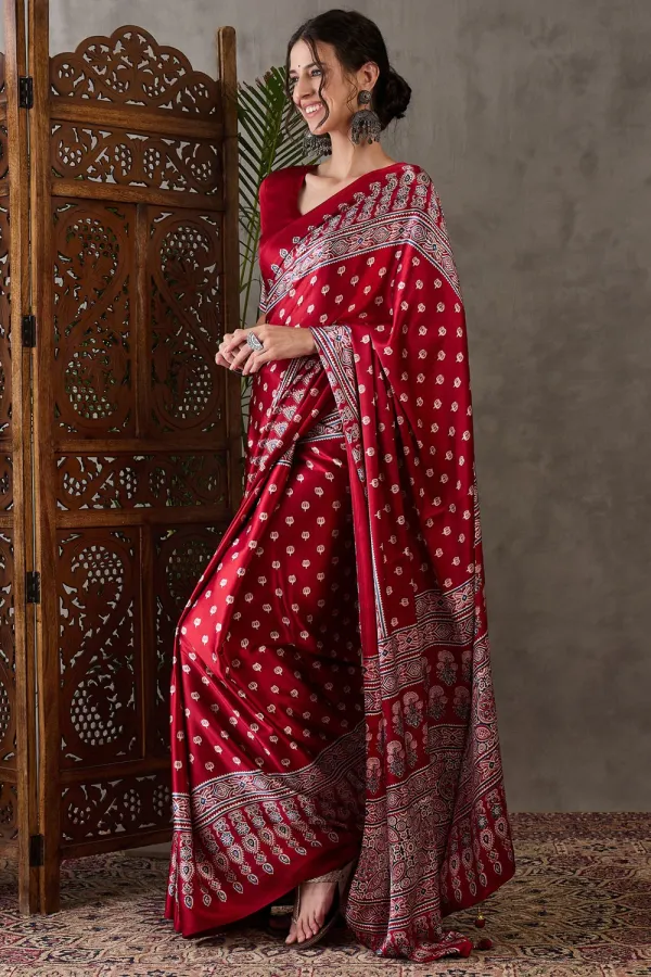 Dark_Rose_Ajrakh_Printed_Satin_Gaji_Silk_Saree_For_Women