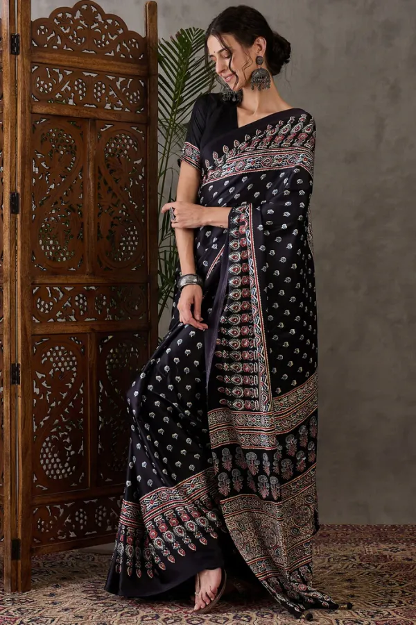 Tuna_Black_Ajrakh_Printed_Satin_Gaji_Silk_Saree_For_Women