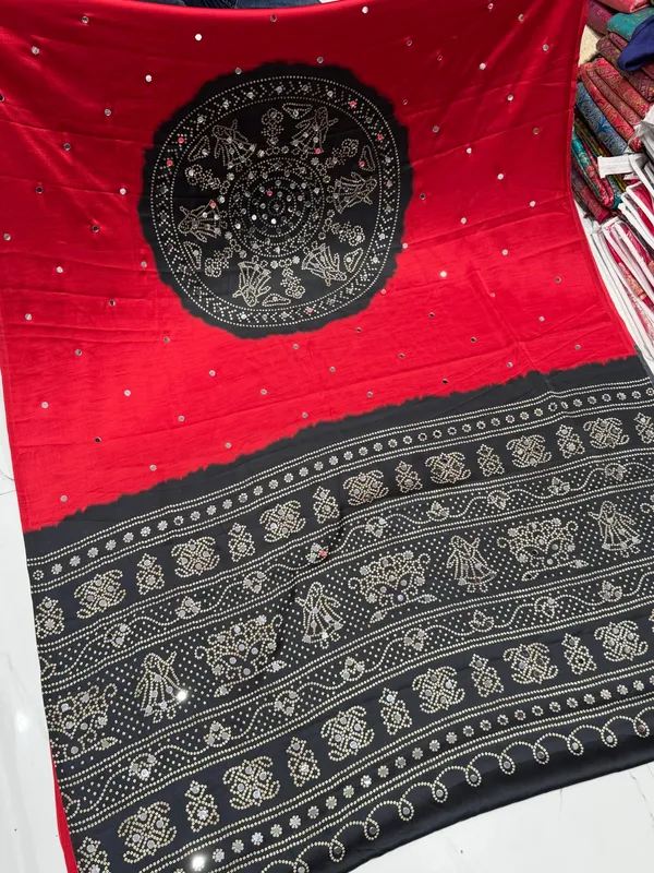 Red_Bandhani_Ajrakh_Real_Mirror_Modal_Silk_Saree_With_Blouse_
