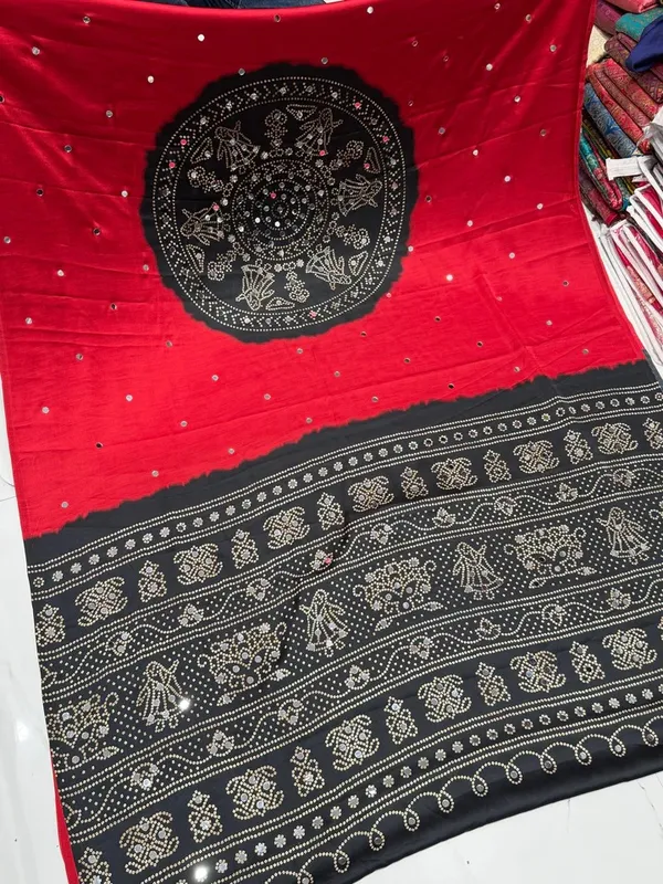 Red_Bandhani_Ajrakh_Real_Mirror_Modal_Silk_Saree_With_Blouse_