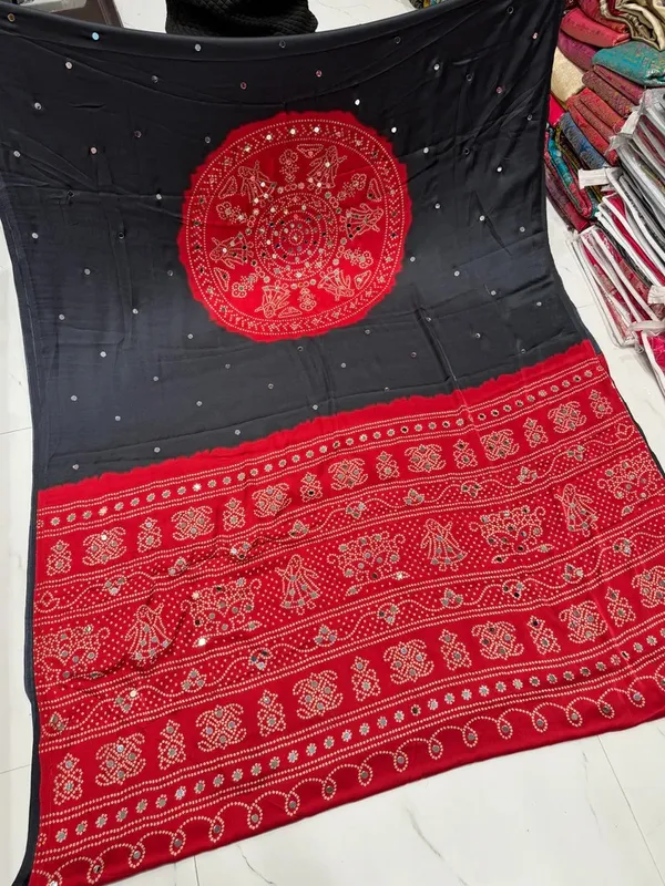 Black_Bandhani_Ajrakh_Real_Mirror_Modal_Silk_Saree_With_Blouse_