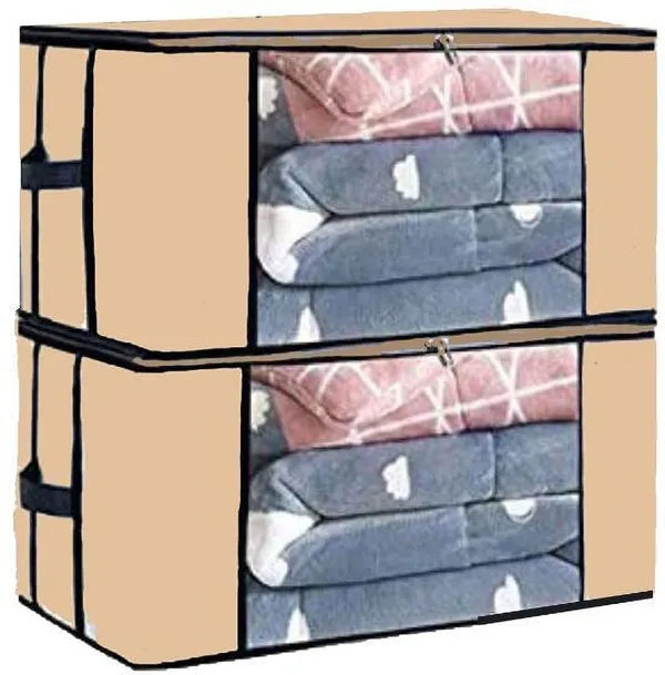 Beige_Non_Woven_Premium_Transparent_Window_Blanket_Storage_Bag_Garment_Cover_For_Home__(Pack_Of_2)