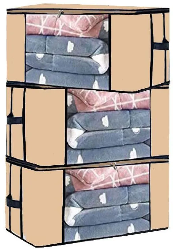 Beige_Non_Woven_Premium_Transparent_Window_Blanket_Storage_Bag_Garment_Cover_For_Home__(Pack_Of_3)