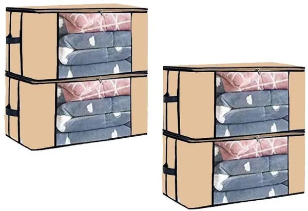 Beige_Non_Woven_Premium_Transparent_Window_Blanket_Storage_Bag_Garment_Cover_For_Home__(Pack_Of_4)