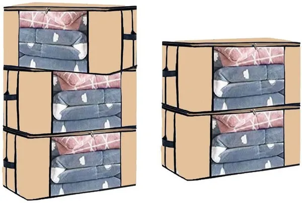 Beige_Non_Woven_Premium_Transparent_Window_Blanket_Storage_Bag_Garment_Cover_For_Home__(Pack_Of_5)