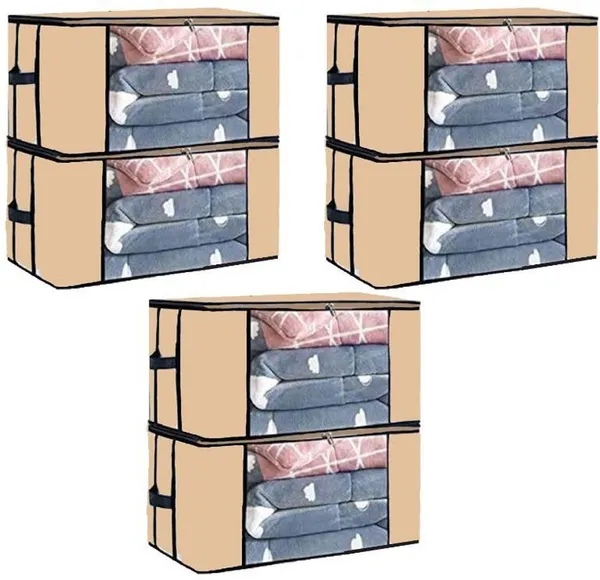 Beige_Non_Woven_Premium_Transparent_Window_Blanket_Storage_Bag_Garment_Cover_For_Home__(Pack_Of_6)