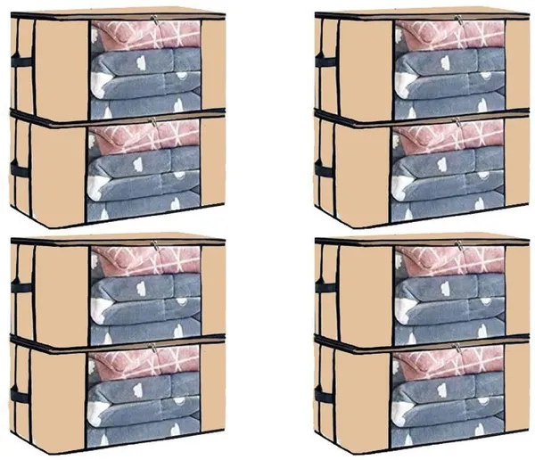 Beige_Non_Woven_Premium_Transparent_Window_Blanket_Storage_Bag_Garment_Cover_For_Home__(Pack_Of_8)