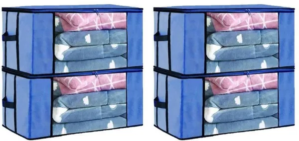 Blue_Non_Woven_Premium_Transparent_Window_Blanket_Storage_Bag_Garment_Cover_For_Home__(Pack_Of_4)