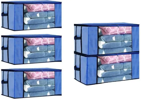 Blue_Non_Woven_Premium_Transparent_Window_Blanket_Storage_Bag_Garment_Cover_For_Home__(Pack_Of_5)
