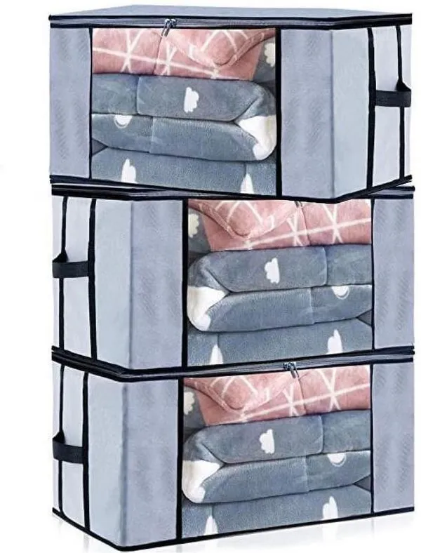 Grey_Non_Woven_Premium_Transparent_Window_Blanket_Storage_Bag_Garment_Cover_For_Home__(Pack_Of_3)