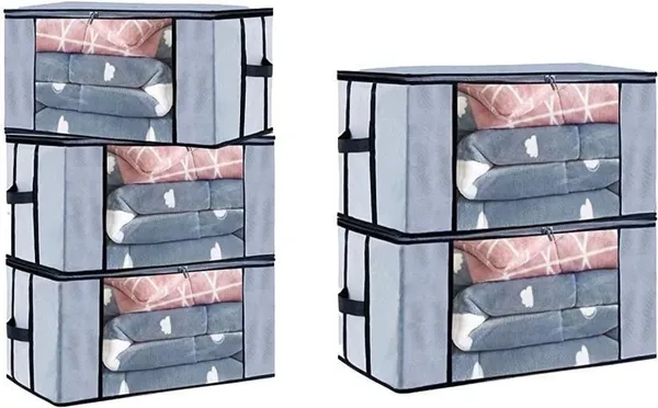 Grey_Non_Woven_Premium_Transparent_Window_Blanket_Storage_Bag_Garment_Cover_For_Home__(Pack_Of_5)