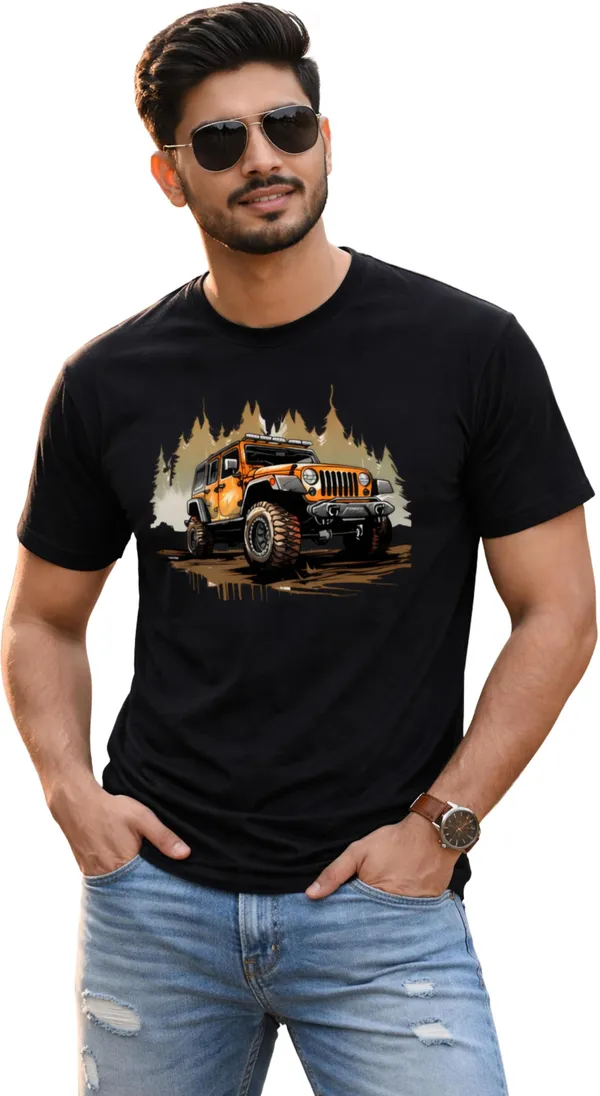 Black_Pure_Cotton_Self_Design_Round_Neck_Tshirt_For_Men