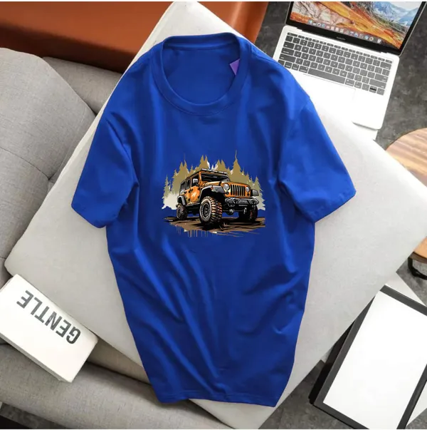 Blue_Pure_Cotton_Self_Design_Round_Neck_Tshirt_For_Men
