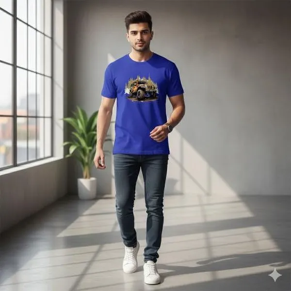 Blue_Pure_Cotton_Self_Design_Round_Neck_Tshirt_For_Men