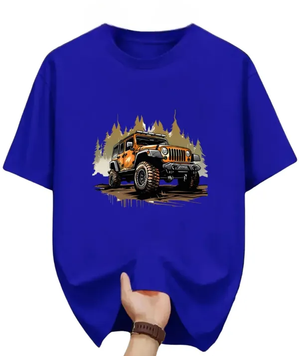 Blue_Pure_Cotton_Self_Design_Round_Neck_Tshirt_For_Men