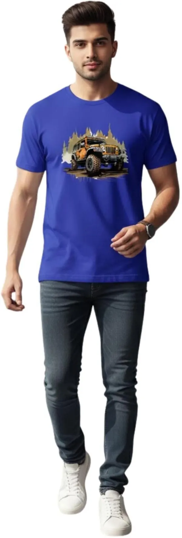 Blue_Pure_Cotton_Self_Design_Round_Neck_Tshirt_For_Men