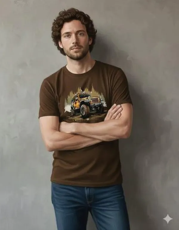 Brown_Pure_Cotton_Self_Design_Round_Neck_Tshirt_For_Men