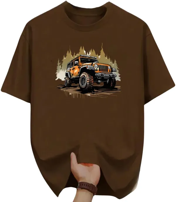 Brown_Pure_Cotton_Self_Design_Round_Neck_Tshirt_For_Men